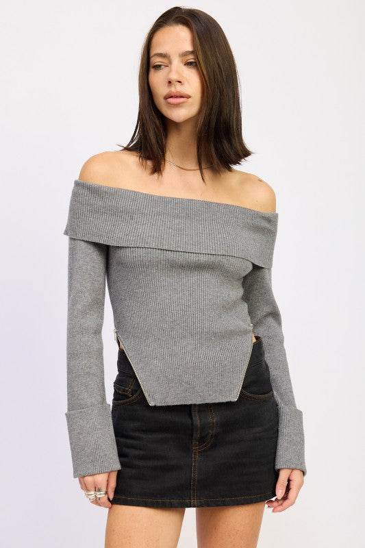 RIBBED OFF SHOULDER SWEATER WITH ZIPPER - Shop Style & More | Fresh Looks, Everyday Deals & Free Shipping