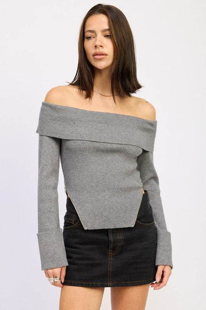 RIBBED OFF SHOULDER SWEATER WITH ZIPPER - Shop Style & More | Fresh Looks, Everyday Deals & Free Shipping
