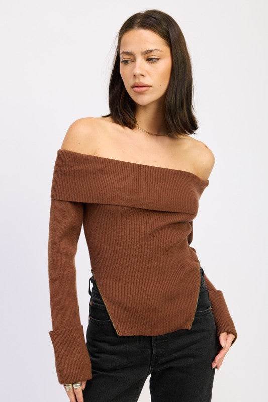RIBBED OFF SHOULDER SWEATER WITH ZIPPER - Shop Style & More | Fresh Looks, Everyday Deals & Free Shipping