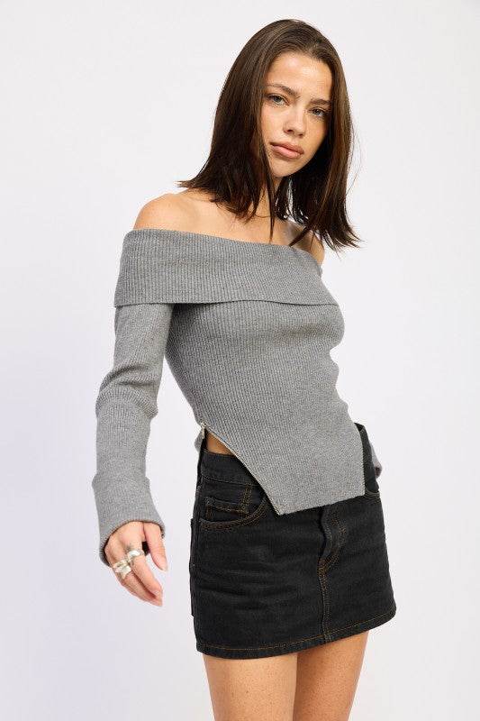 RIBBED OFF SHOULDER SWEATER WITH ZIPPER - Shop Style & More | Fresh Looks, Everyday Deals & Free Shipping