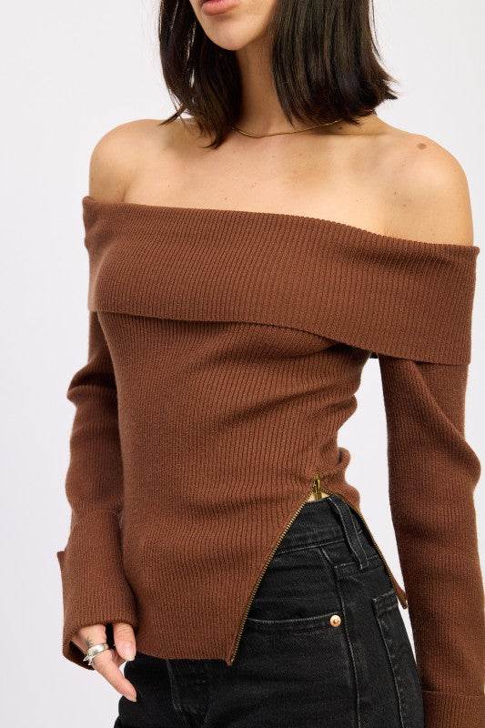 RIBBED OFF SHOULDER SWEATER WITH ZIPPER - Shop Style & More | Fresh Looks, Everyday Deals & Free Shipping