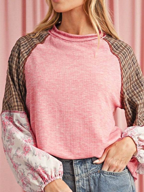 Viscose Plaid Floral Patchwork Raglan Ribbed Top - Shop Style & More | Fresh Looks, Everyday Deals & Free Shipping