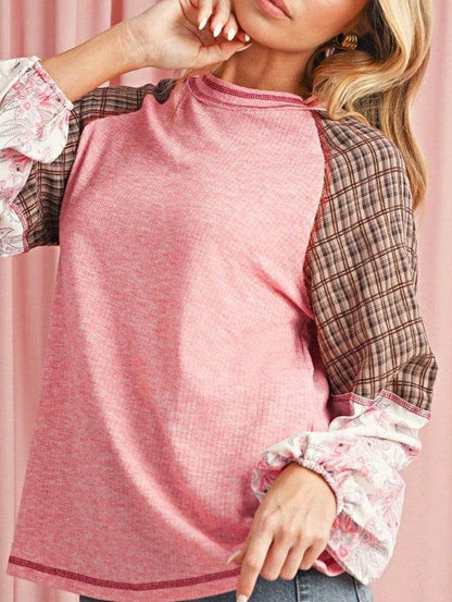 Viscose Plaid Floral Patchwork Raglan Ribbed Top - Shop Style & More | Fresh Looks, Everyday Deals & Free Shipping