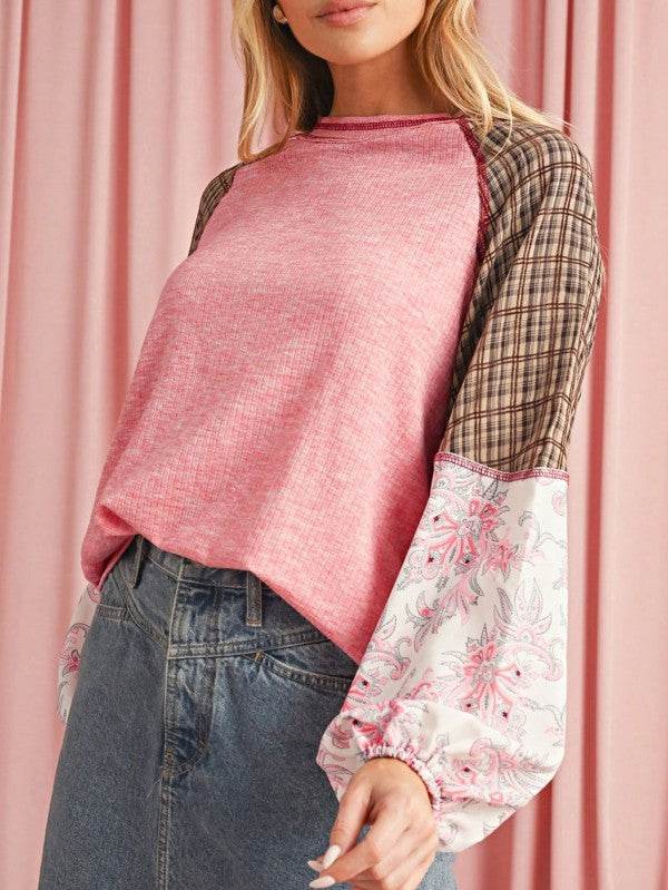 Viscose Plaid Floral Patchwork Raglan Ribbed Top - Shop Style & More | Fresh Looks, Everyday Deals & Free Shipping