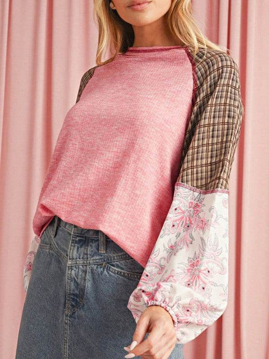Viscose Plaid Floral Patchwork Raglan Ribbed Top - Shop Style & More | Fresh Looks, Everyday Deals & Free Shipping