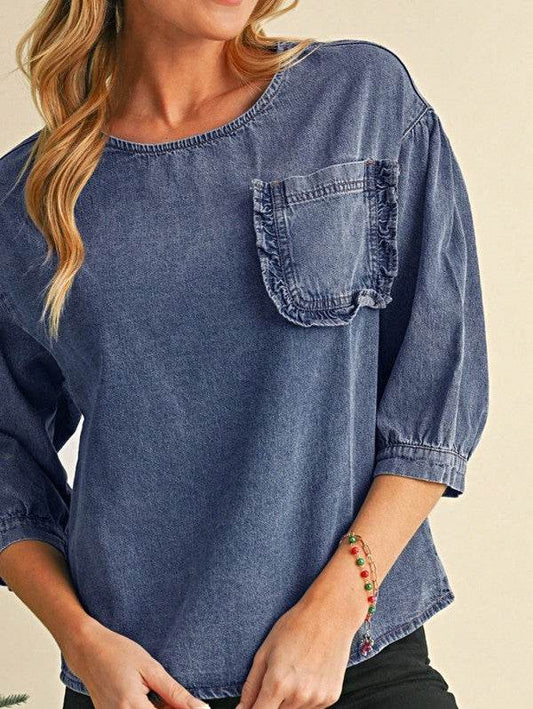 Cotton Denim Frilled Boho Pocket Top - Shop Style & More | Fresh Looks, Everyday Deals & Free Shipping