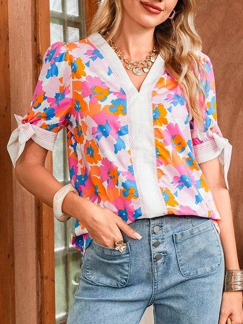 Cotton V Neck Floral Knotted Short Sleeve Blouse - Shop Style & More | Fresh Looks, Everyday Deals & Free Shipping
