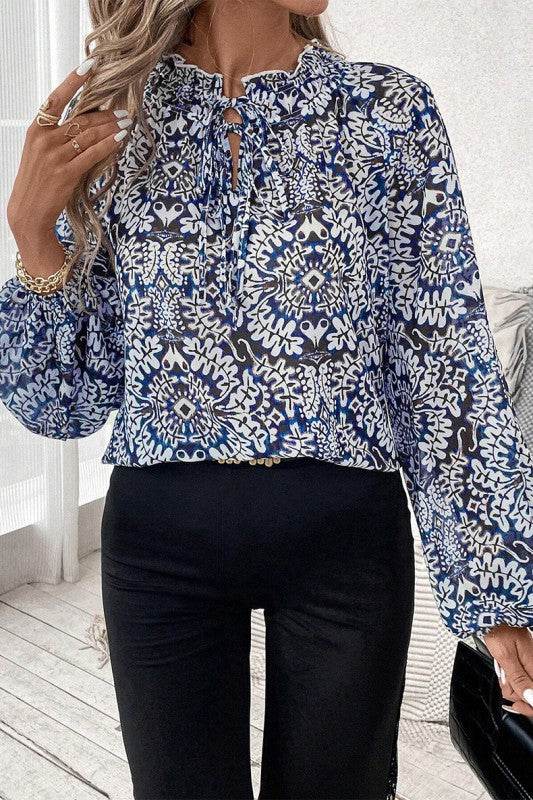 Blue Print Lace-up Frilled Neck Puff Sleeve Blouse - Shop Style & More | Fresh Looks, Everyday Deals & Free Shipping