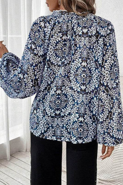 Blue Print Lace-up Frilled Neck Puff Sleeve Blouse - Shop Style & More | Fresh Looks, Everyday Deals & Free Shipping