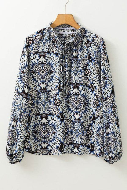Blue Print Lace-up Frilled Neck Puff Sleeve Blouse - Shop Style & More | Fresh Looks, Everyday Deals & Free Shipping