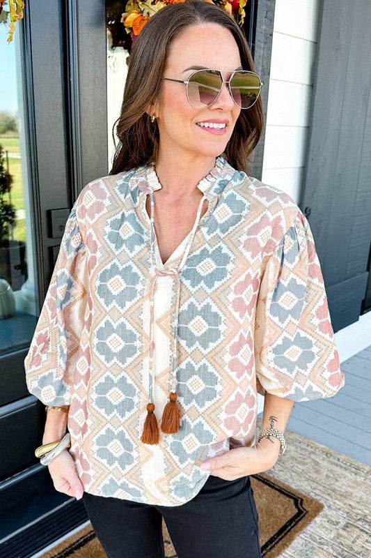 Print Tassel Tie Split Neck Balloon Sleeve Blouse - Shop Style & More | Fresh Looks, Everyday Deals & Free Shipping