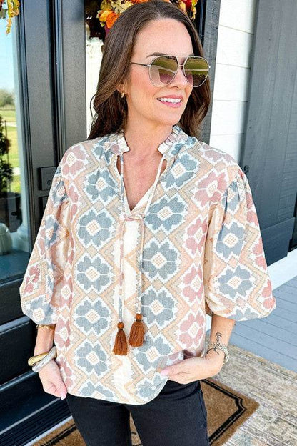 Print Tassel Tie Split Neck Balloon Sleeve Blouse - Shop Style & More | Fresh Looks, Everyday Deals & Free Shipping