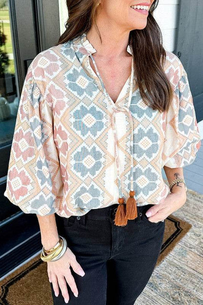 Print Tassel Tie Split Neck Balloon Sleeve Blouse - Shop Style & More | Fresh Looks, Everyday Deals & Free Shipping