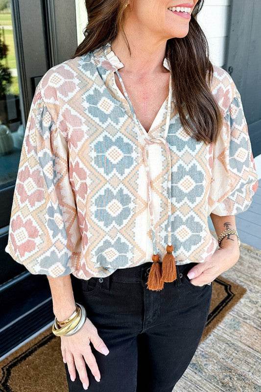 Print Tassel Tie Split Neck Balloon Sleeve Blouse - Shop Style & More | Fresh Looks, Everyday Deals & Free Shipping