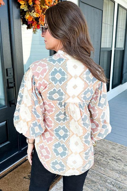 Print Tassel Tie Split Neck Balloon Sleeve Blouse - Shop Style & More | Fresh Looks, Everyday Deals & Free Shipping