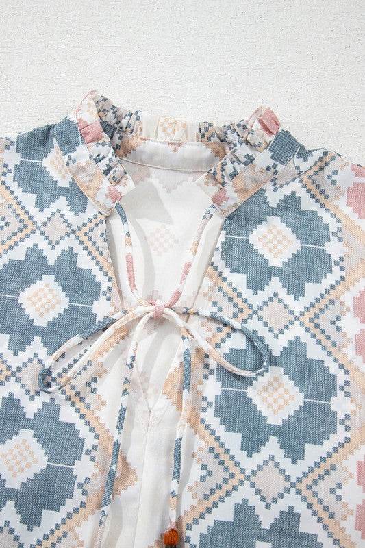 Print Tassel Tie Split Neck Balloon Sleeve Blouse - Shop Style & More | Fresh Looks, Everyday Deals & Free Shipping