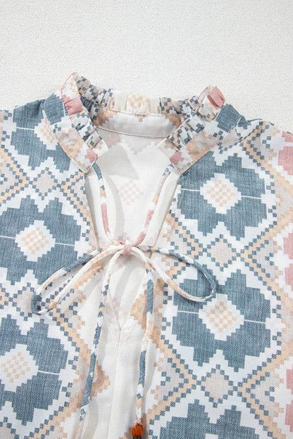Print Tassel Tie Split Neck Balloon Sleeve Blouse - Shop Style & More | Fresh Looks, Everyday Deals & Free Shipping