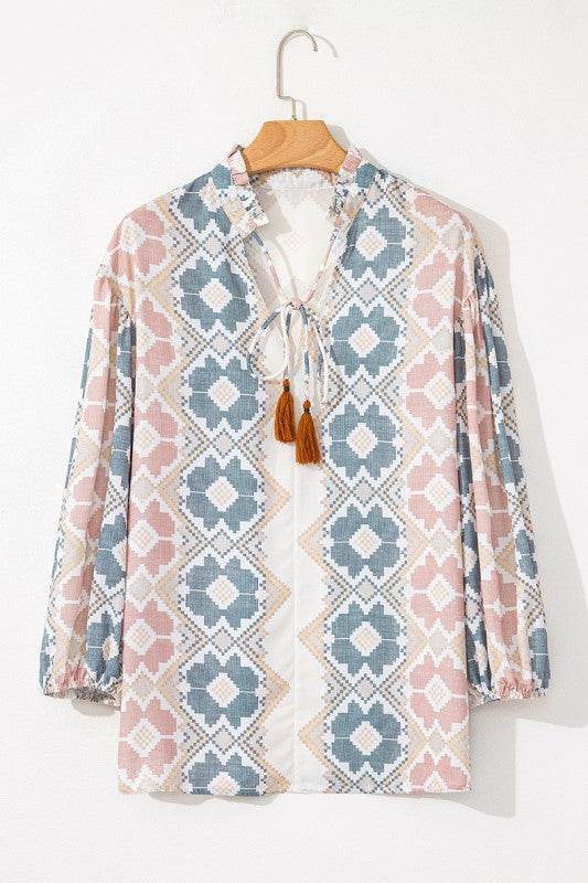 Print Tassel Tie Split Neck Balloon Sleeve Blouse - Shop Style & More | Fresh Looks, Everyday Deals & Free Shipping