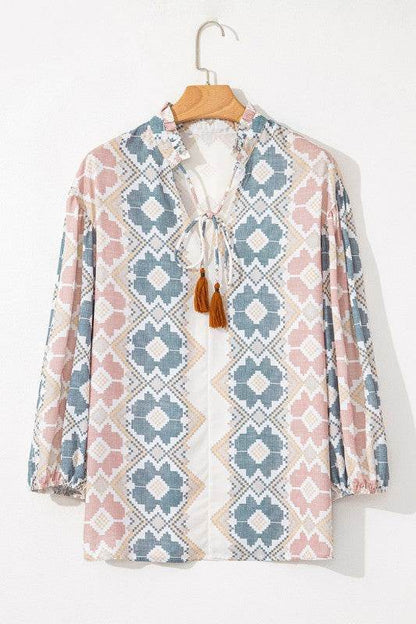Print Tassel Tie Split Neck Balloon Sleeve Blouse - Shop Style & More | Fresh Looks, Everyday Deals & Free Shipping