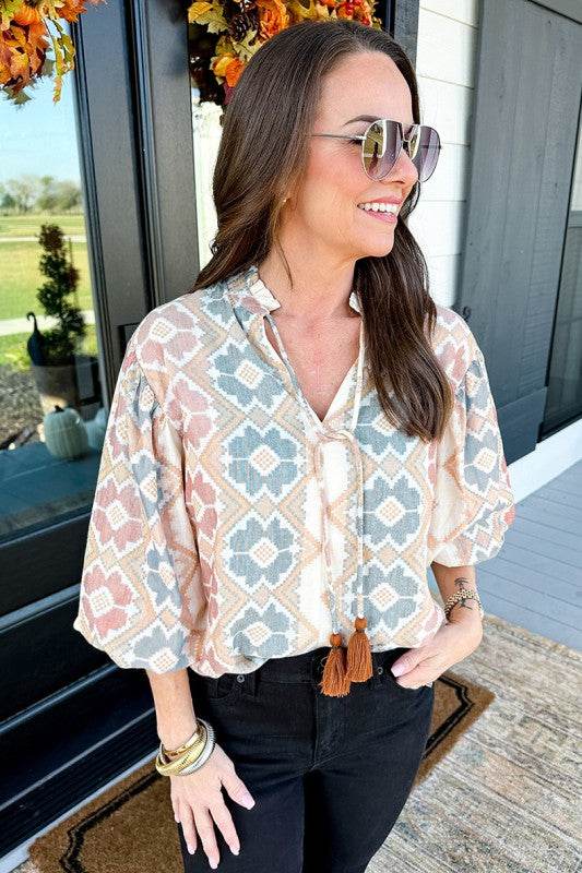 Print Tassel Tie Split Neck Balloon Sleeve Blouse - Shop Style & More | Fresh Looks, Everyday Deals & Free Shipping