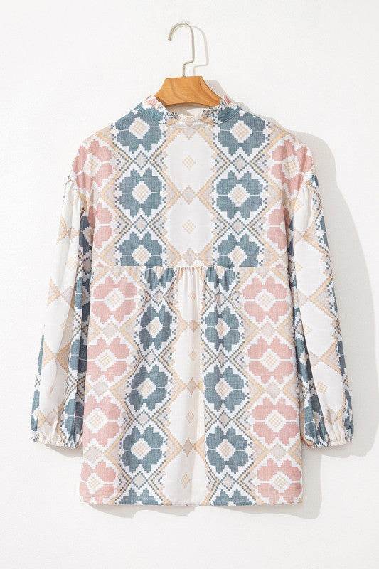 Print Tassel Tie Split Neck Balloon Sleeve Blouse - Shop Style & More | Fresh Looks, Everyday Deals & Free Shipping