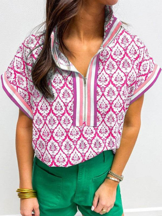 Pink Colorblock Striped Collar Boho Blouse - Shop Style & More | Fresh Looks, Everyday Deals & Free Shipping