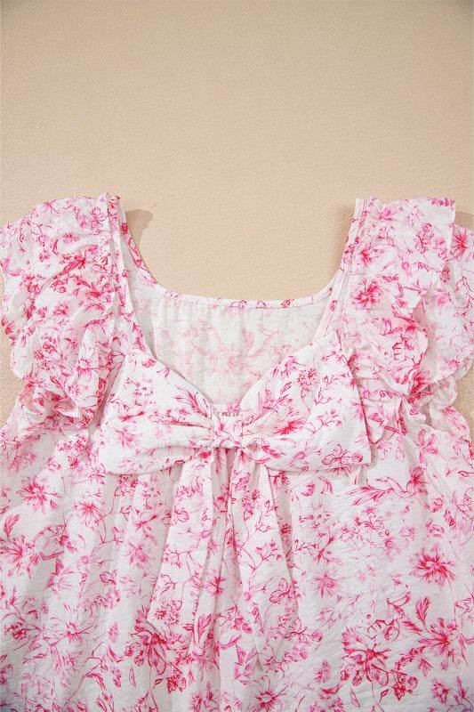 Viscose Floral Ruffle Short Sleeve Bow Back Blouse - Shop Style & More | Fresh Looks, Everyday Deals & Free Shipping