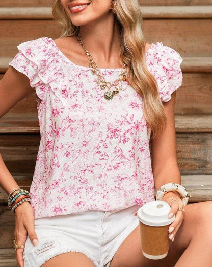 Viscose Floral Ruffle Short Sleeve Bow Back Blouse - Shop Style & More | Fresh Looks, Everyday Deals & Free Shipping