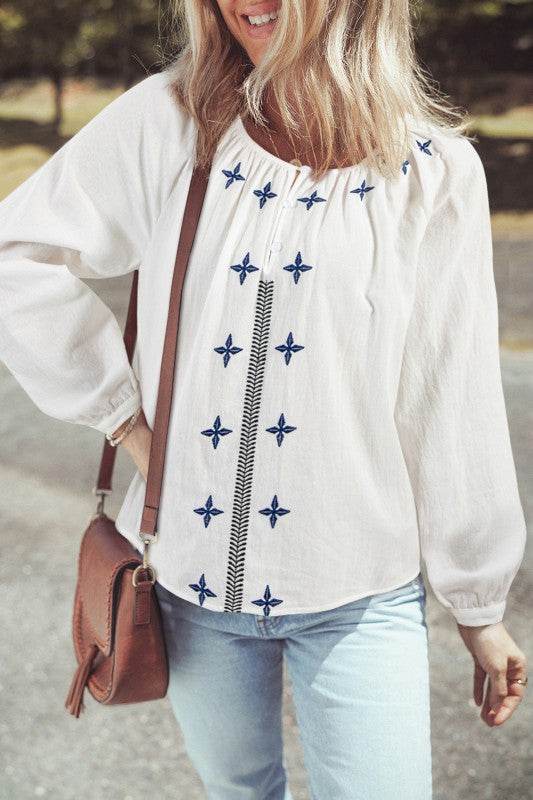 Geometric Embroidered Long Sleeve Buttoned Blouse - Shop Style & More | Fresh Looks, Everyday Deals & Free Shipping