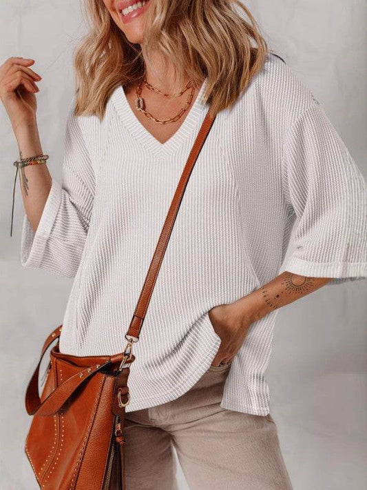 White Solid Color 3/4 Sleeve V Neck Top - Shop Style & More | Fresh Looks, Everyday Deals & Free Shipping