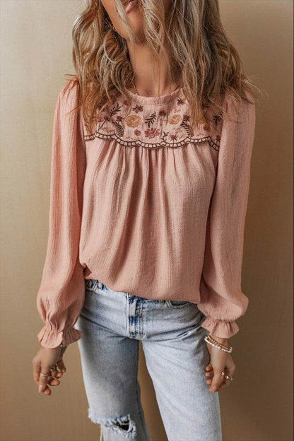 Embroidered Textured Flounce Sleeve Elegant Blouse - Shop Style & More | Fresh Looks, Everyday Deals & Free Shipping