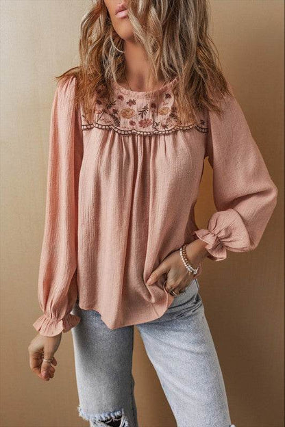 Embroidered Textured Flounce Sleeve Elegant Blouse - Shop Style & More | Fresh Looks, Everyday Deals & Free Shipping