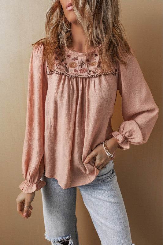 Embroidered Textured Flounce Sleeve Elegant Blouse - Shop Style & More | Fresh Looks, Everyday Deals & Free Shipping