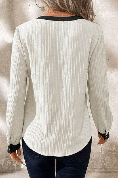 White Textured Colorblock V Neck Elegant Blouse - Shop Style & More | Fresh Looks, Everyday Deals & Free Shipping