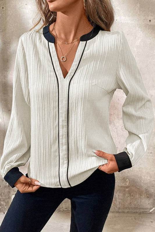 White Textured Colorblock V Neck Elegant Blouse - Shop Style & More | Fresh Looks, Everyday Deals & Free Shipping