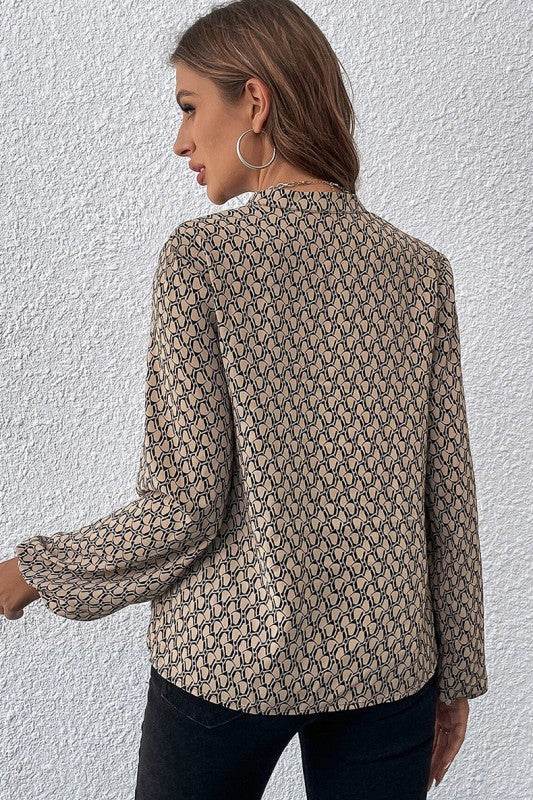 Geometric Print Notched Neck Puff Sleeve Blouse - Shop Style & More | Fresh Looks, Everyday Deals & Free Shipping
