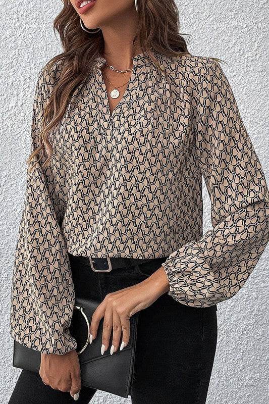 Geometric Print Notched Neck Puff Sleeve Blouse - Shop Style & More | Fresh Looks, Everyday Deals & Free Shipping