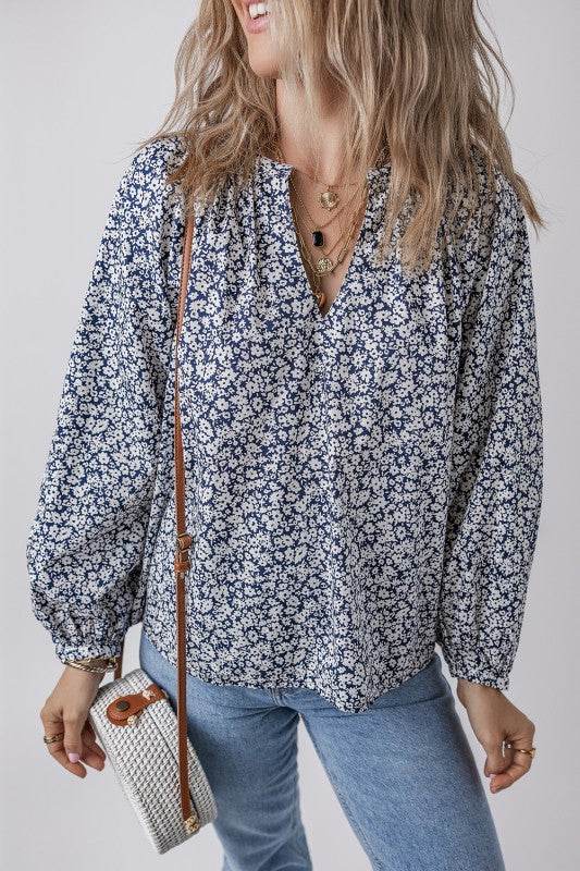 Floral Print Notched V Neck Puff Sleeve Blouse - Shop Style & More | Fresh Looks, Everyday Deals & Free Shipping