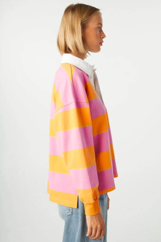 Yellow Stripe Color Block Polo Collar Sweatshirt - Shop Style & More | Fresh Looks, Everyday Deals & Free Shipping