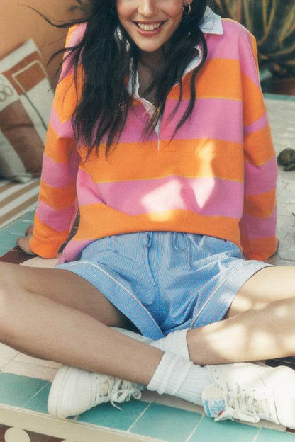 Yellow Stripe Color Block Polo Collar Sweatshirt - Shop Style & More | Fresh Looks, Everyday Deals & Free Shipping