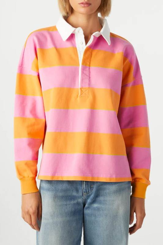 Yellow Stripe Color Block Polo Collar Sweatshirt - Shop Style & More | Fresh Looks, Everyday Deals & Free Shipping
