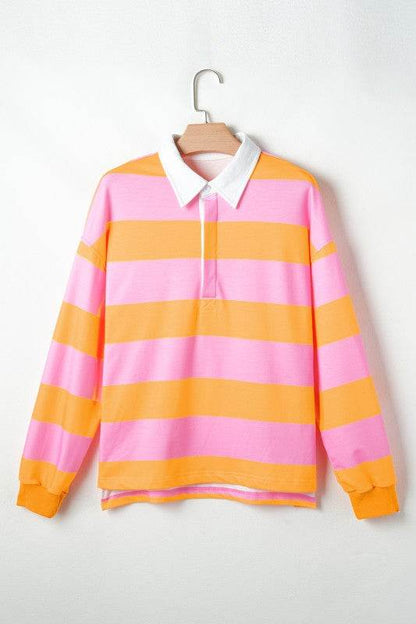 Yellow Stripe Color Block Polo Collar Sweatshirt - Shop Style & More | Fresh Looks, Everyday Deals & Free Shipping