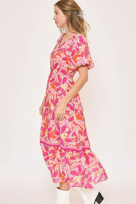 Umgee Floral Notched Puff Sleeve Midi Dress - Shop Style & More | Fresh Looks, Everyday Deals & Free Shipping