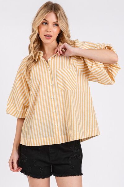 Mittoshop Button Down Striped Puff Sleeve Shirt Pastel Yellow Blouses