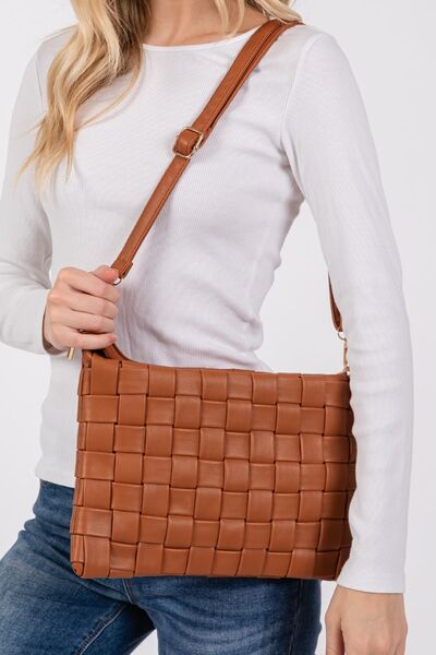 Fame Faux Leather Basket Weave Crossbody Bag Brown One Size Bags