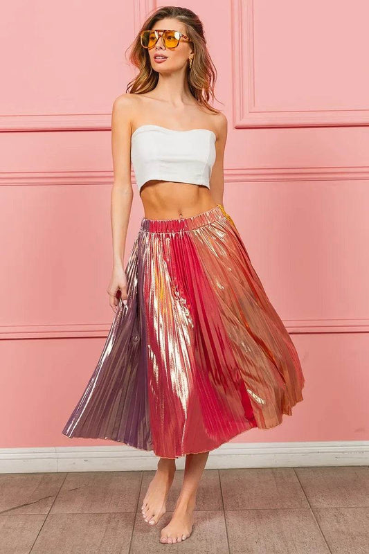 BiBi Metallic Color Block Pleats Midi Skirt - Shop Style & More | Fresh Looks, Everyday Deals & Free Shipping