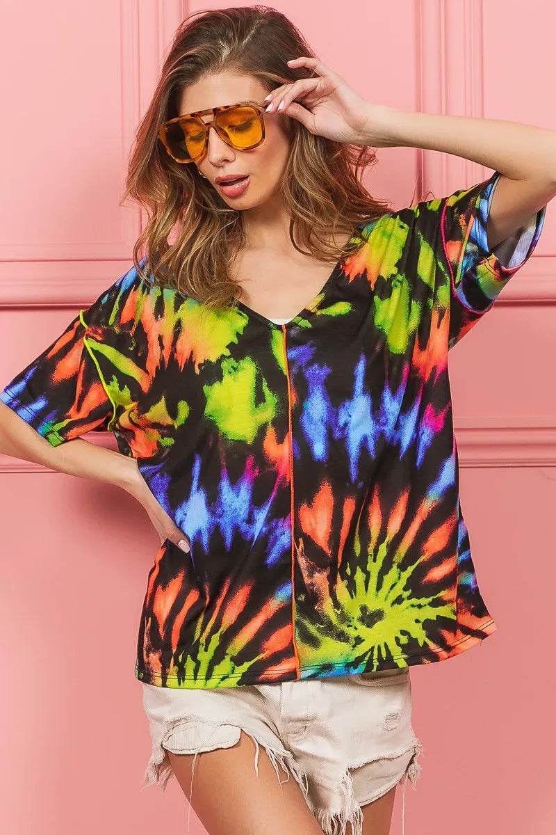 BiBi Tie Dye Print Jersey Stitched V Neck Top - Shop Style & More | Fresh Looks, Everyday Deals & Free Shipping