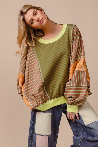 BiBi Color Block Striped Round Neck Sweatshirt Hoodies & Sweaters