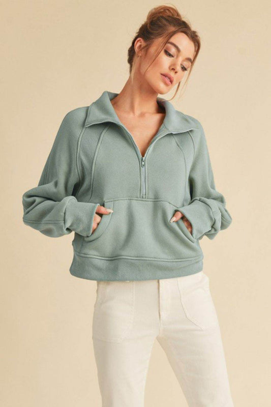 Aemi + Co Half Zip Raglan Sleeve Sweatshirt with Kangaroo Pocket - Shop Style & More | Fresh Looks, Everyday Deals & Free Shipping