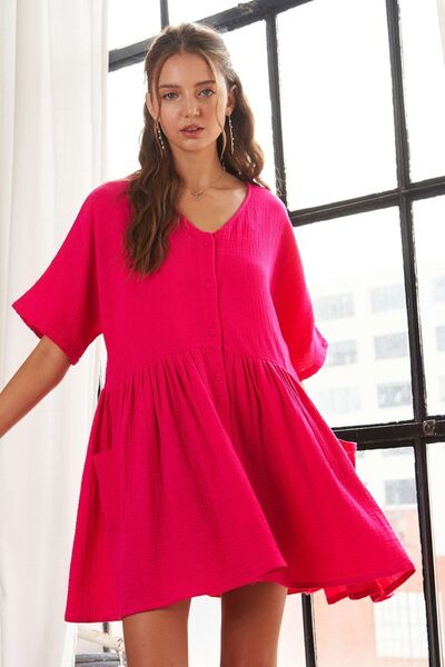 ADORA V-Neck Half Sleeve Dress with Pockets Hot Pink Casual Dresses